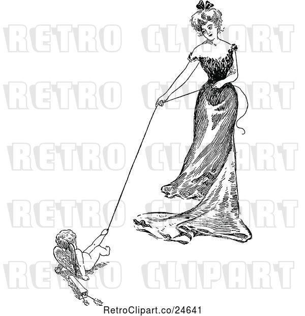 Vector Clip Art of Lady and Cupid Playing Tug of War