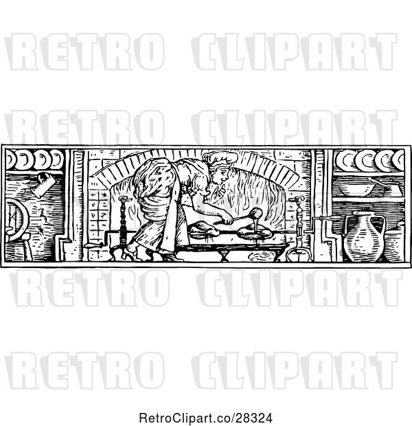 Vector Clip Art of Lady Basting Meat in a Fireplace