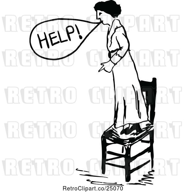 Vector Clip Art of Lady Standing on a Chair and Calling for Help