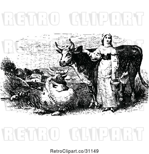 Vector Clip Art of Lady with Milking Cows
