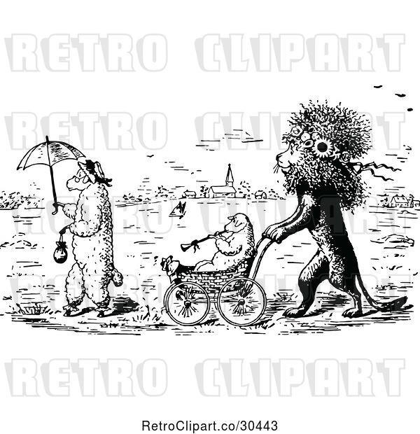 Vector Clip Art of Lion Pushing a Lamb in a Stroller