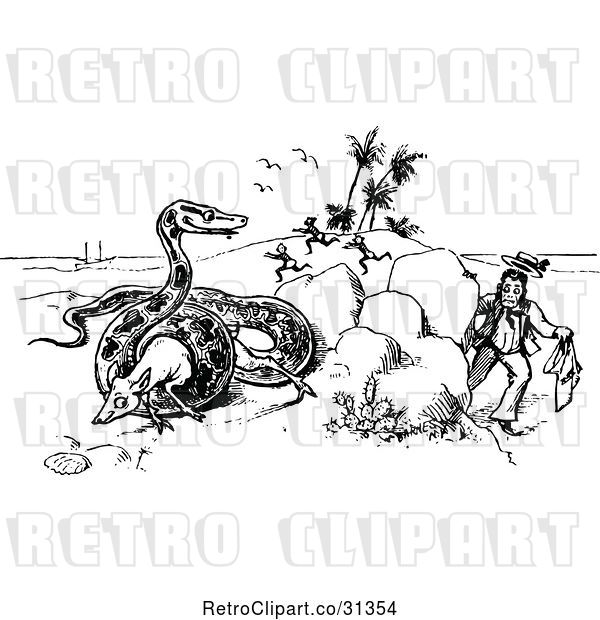 Vector Clip Art of People Running from a Giant Snake Eating a Large Animal