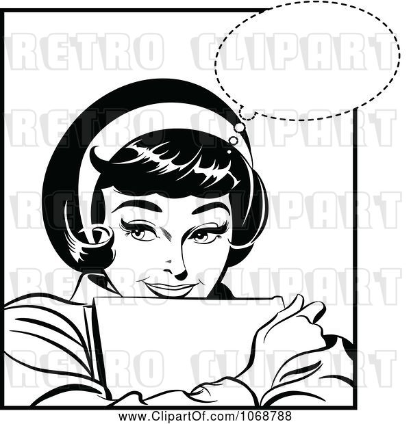 Vector Clip Art of Pop Art Lady Hugging with a Book Black and White