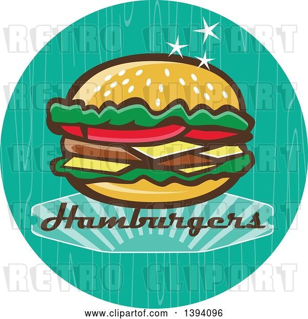 Vector Clip Art of Retro 1950s Cheeseburger and Text in a Turquoise Circle