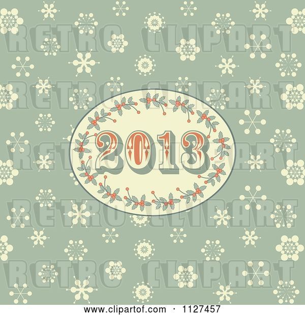 Vector Clip Art of Retro 2013 New Year Holly Oval on Green with Snowflakes