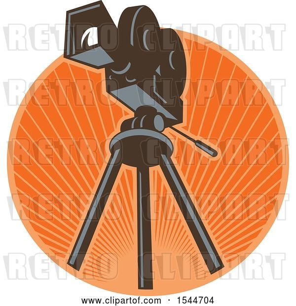 Vector Clip Art of Retro 35mm Motion Picture Camera on a Tripod in a Circle of Rays