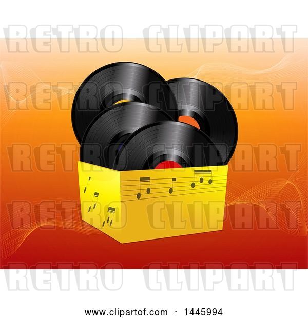 Vector Clip Art of Retro 3d Box of Music Notes and Vinyl Record Albums over Orange Waves