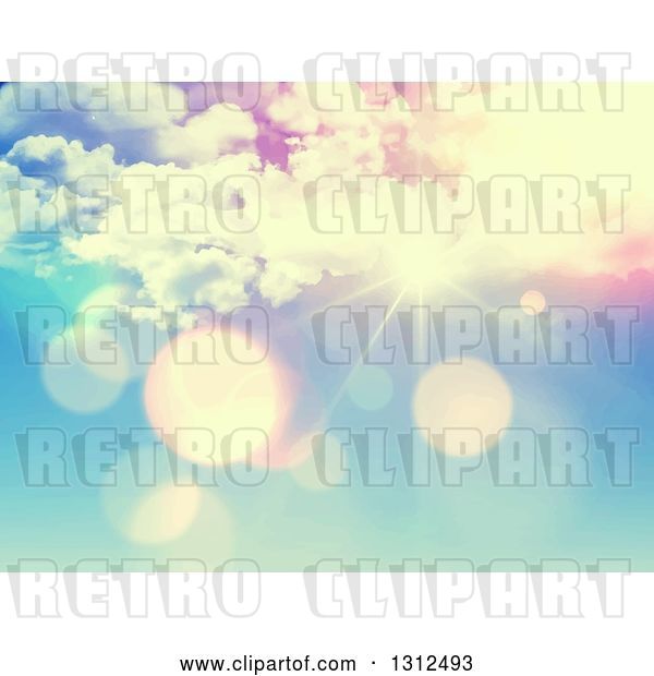 Vector Clip Art of Retro 3d Effect Sun Shining with Flares Through Clouds