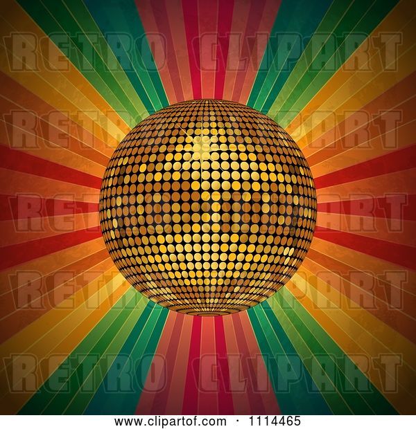 Vector Clip Art of Retro 3d Golden Disco Ball over Grungy Colorful Rays