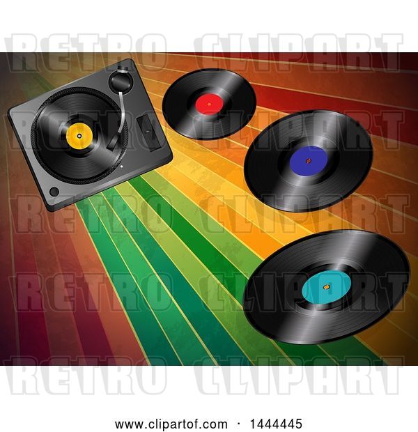 Vector Clip Art of Retro 3d Music Turntable Deck and Vinyl Records over Colorful Stripes