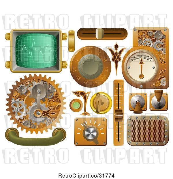 Vector Clip Art of Retro 3d Steampunk Styled Handles Knobs Screens and Switches