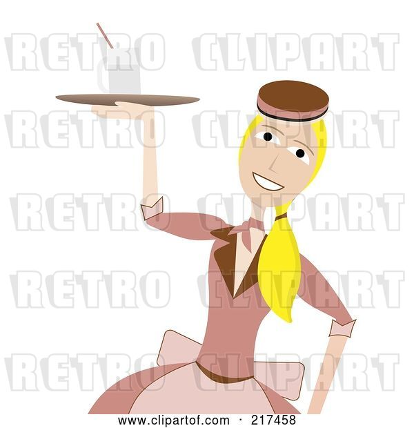 Vector Clip Art of Retro 50s Styled Waitress Carrying a Drink on a Tray