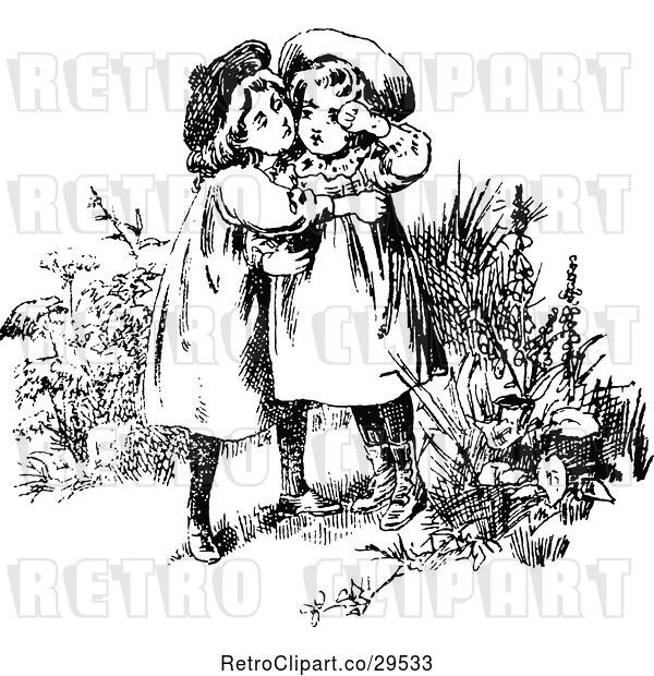 Vector Clip Art of Retro Affectionate Sisters Embracing