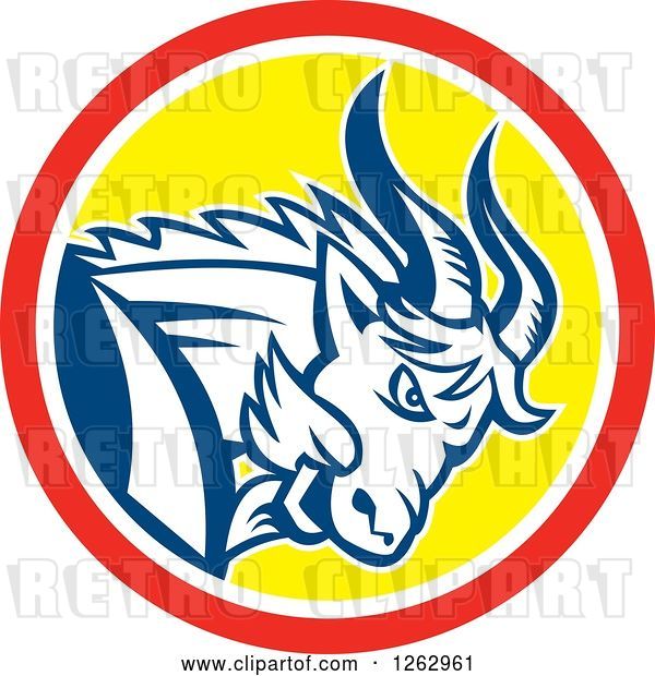 Vector Clip Art of Retro Aggressive Mountain Goat Ram in a Red White and Yellow Circle