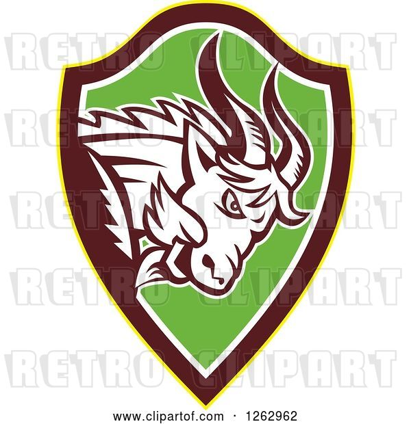 Vector Clip Art of Retro Aggressive Mountain Goat Ram in a Yellow Brown White and Green Shield