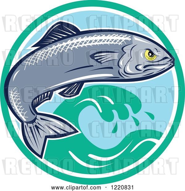 Vector Clip Art of Retro Aggressive Sardine Fish Jumping over Waves in a Circle