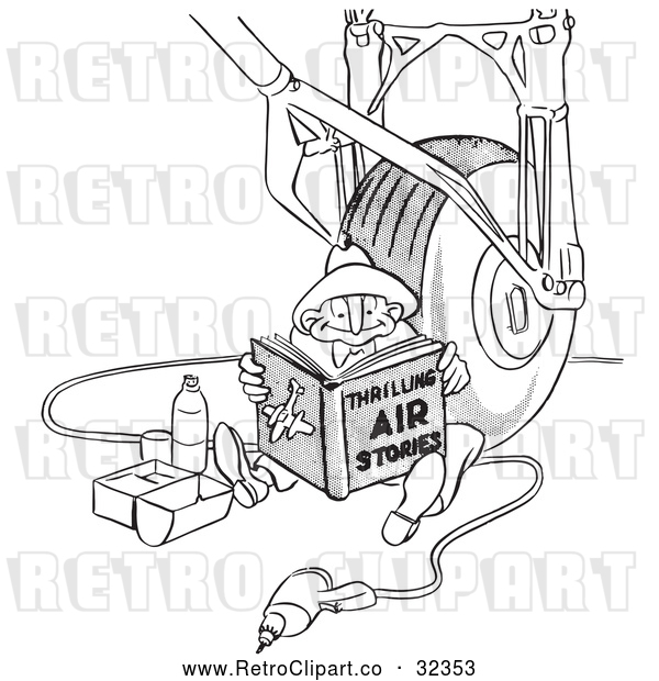 Vector Clip Art of Retro Airplane Assembly Worker Man Reading and Eating Lunch by a Wheel Black and White
