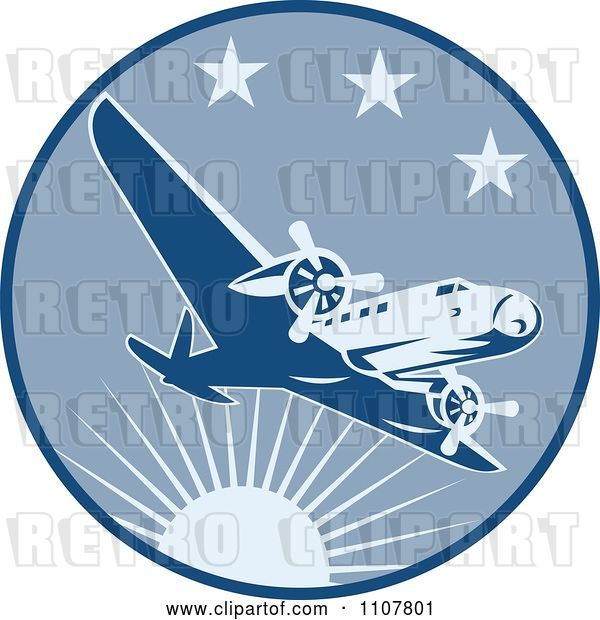 Vector Clip Art of Retro Airplane Flying in a Blue Circle with Sun and Stars