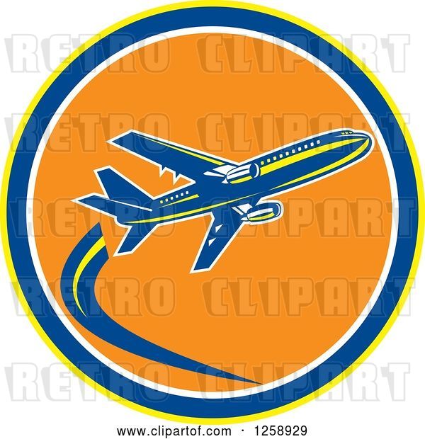 Vector Clip Art of Retro Airplane in Flight Inside a Yellow Blue White and Orange Circle