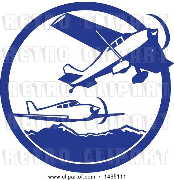 Vector Clip Art of Retro Airplanes over Mountains in a Blue and White Circle