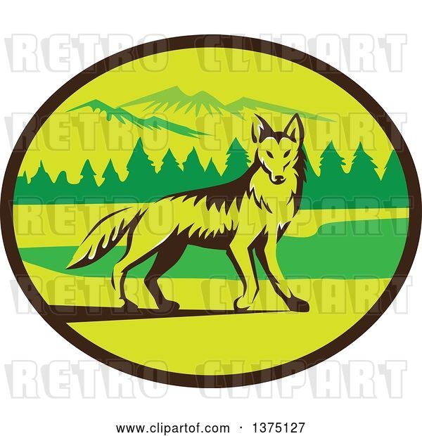Vector Clip Art of Retro Alert Coyote in a Mountains and Woods Oval