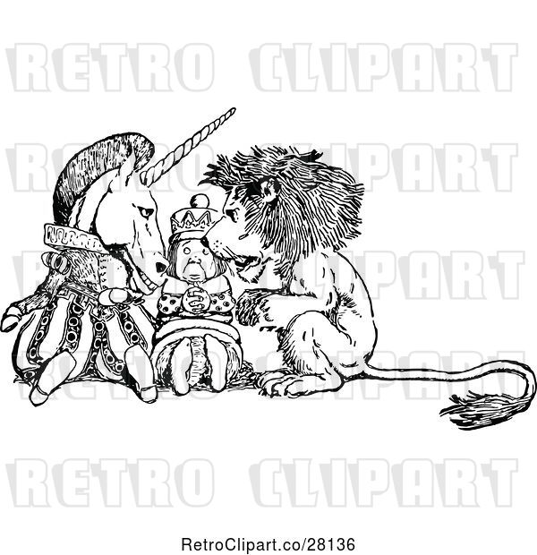 Vector Clip Art of Retro Alice in Wonderland Unicorn King and Lion