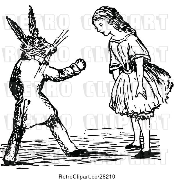 Vector Clip Art of Retro Alice Talking with a Rabbit