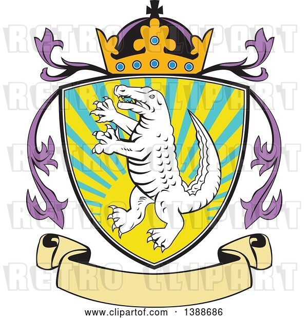 Vector Clip Art of Retro Alligator or Crocodile Coat of Arms Shield with a Crown and Blank Banner