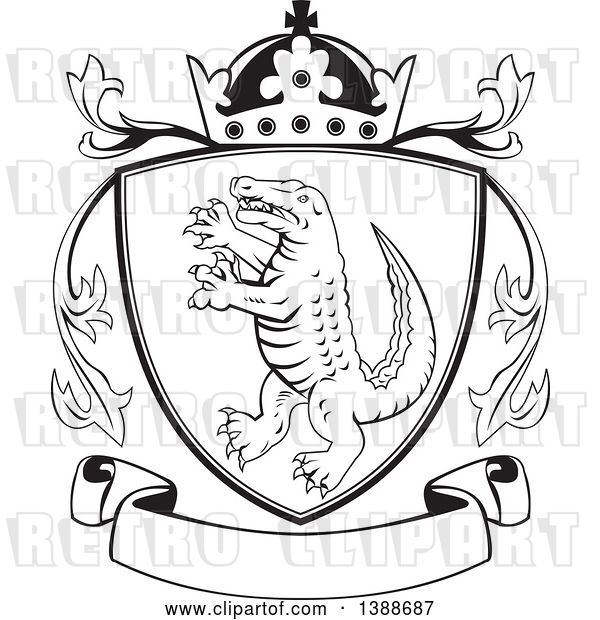 Vector Clip Art of Retro Alligator or Crocodile Coat of Arms Shield with a Crown and Blank Banner