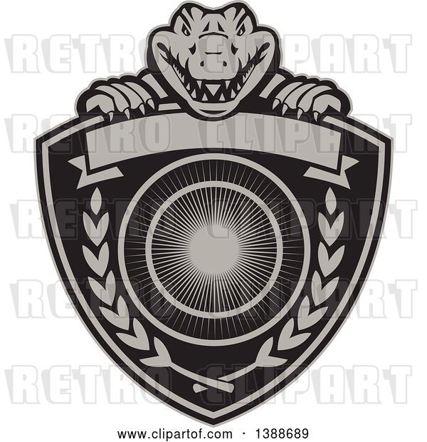 Vector Clip Art of Retro Alligator or Crocodile Coat of Arms Shield with Laurel Branches and a Blank Banner