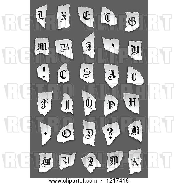 Vector Clip Art of Retro Alphabet Letters and Symbols on Torn Paper over Gray