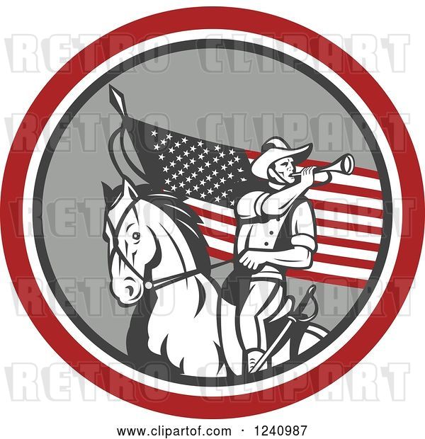 Vector Clip Art of Retro American Cavalry Soldier Playing a Trumpet on Horseback over an American Flag