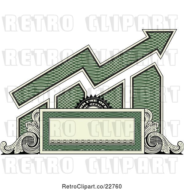 Vector Clip Art of Retro American Dollar Themed Bar Graph and Growth Arrow with a Blank Banner, Frame and Scrolls