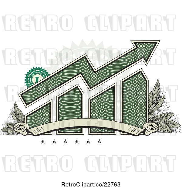 Vector Clip Art of Retro American Dollar Themed Bar Graph and Growth Arrow with a Blank Banner, Stars, Stamp and Leaves