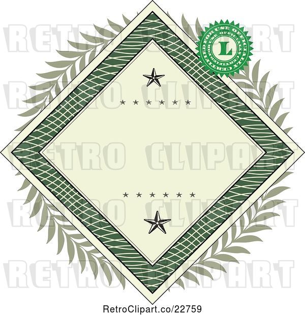 Vector Clip Art of Retro American Dollar Themed Diamond Frame with Stars, a Laurel Wreath and Stamp