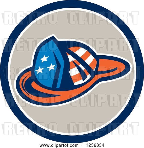 Vector Clip Art of Retro American Flag Patterned Firefighter Hat in a Blue White and Tan Circle