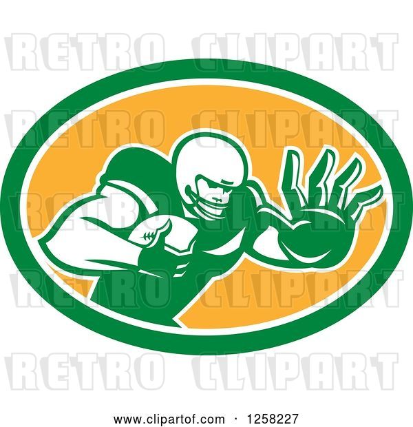 Vector Clip Art of Retro American Football Player Fending off in a Green White and Orange Oval