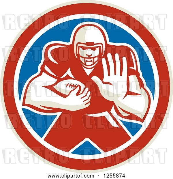 Vector Clip Art of Retro American Football Player Fending off in a Red White and Blue Circle