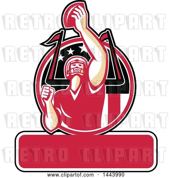 Vector Clip Art of Retro American Football Player Holding up a Ball for Super Bowl LI in a Red Circle over Text Space