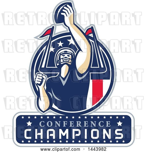 Vector Clip Art of Retro American Football Player Holding up a Ball with Conference Champions for Super Bowl LI in a Red White and Blue Circle