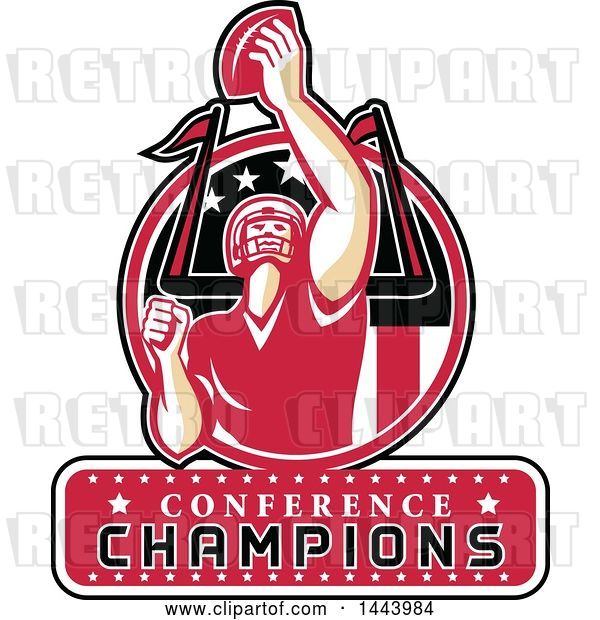 Vector Clip Art of Retro American Football Player Holding up a Ball with Conference Champions Text for Super Bowl LI in a Red Circle
