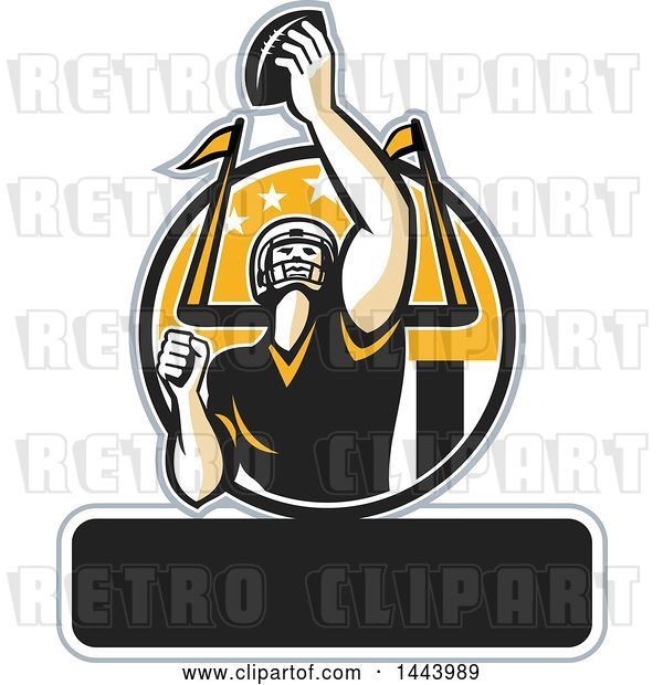 Vector Clip Art of Retro American Football Player Holding up a Ball with Text Space for Super Bowl LI in a Black Yellow and White Circle