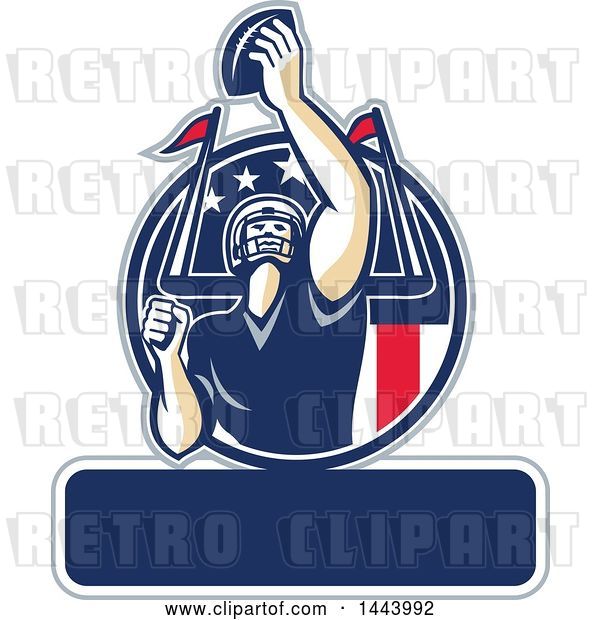 Vector Clip Art of Retro American Football Player Holding up a Ball with Text Space for Super Bowl LI in a Red White and Blue Circle