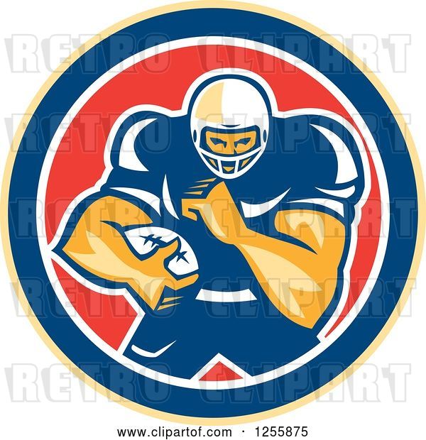 Vector Clip Art of Retro American Football Player in a Red White and Blue Circle