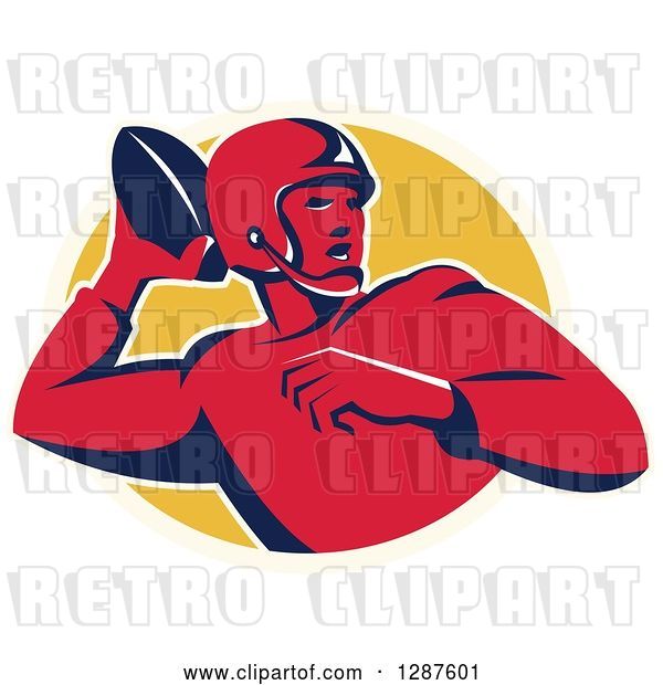 Vector Clip Art of Retro American Football Player Quaterback Passing the Ball over a Yellow Oval