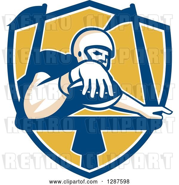Vector Clip Art of Retro American Football Player Scoring a Touchdown in a Blue White and Yellow Shield