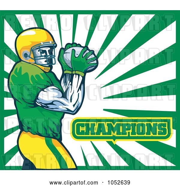 Vector Clip Art of Retro American Football Player with Champions Text Against White and Green Rays