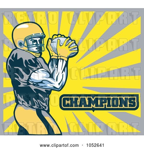 Vector Clip Art of Retro American Football Player with Champions Text Against Yellow and Gray Rays