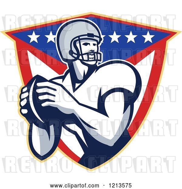 Vector Clip Art of Retro American Football Quarterback Throwing a Ball over a Shield with Stars and Stripes