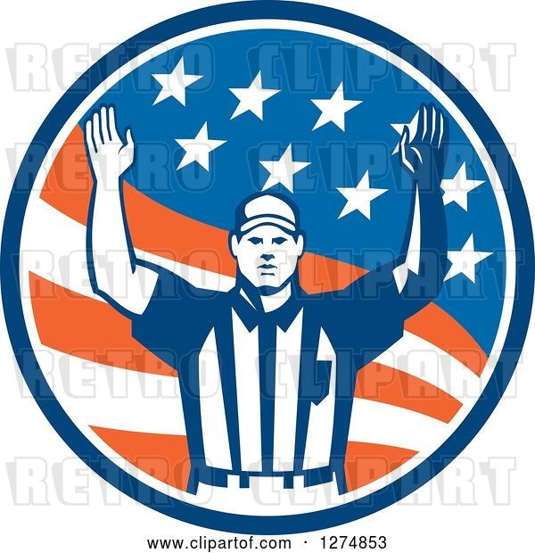 Vector Clip Art of Retro American Football Referee Gesturing Touchdown in a Flag Circle